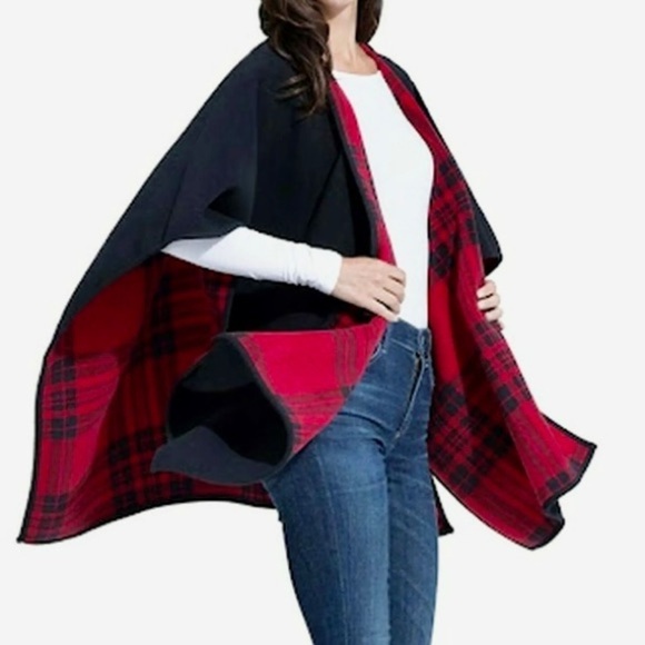 Woolrich Red & Black Tartan Plaid Reversible Cape/Shawl One Size‎ Fits All - Picture 1 of 12